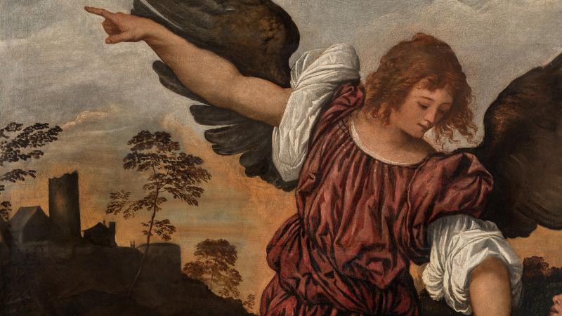 Immagine di dipinto di Tiziano con un angelo e un cane